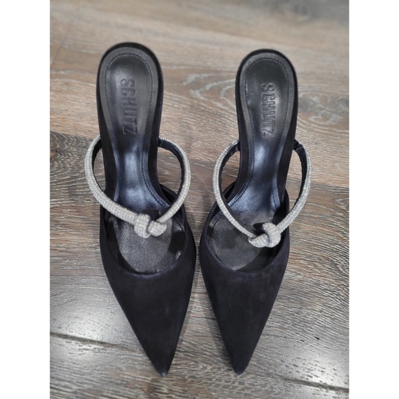 Schutz Pearl Glam Heel Black‎ Nude Buck Pointed Toe Mules Women's Size 7.5 - Picture 2 of 8